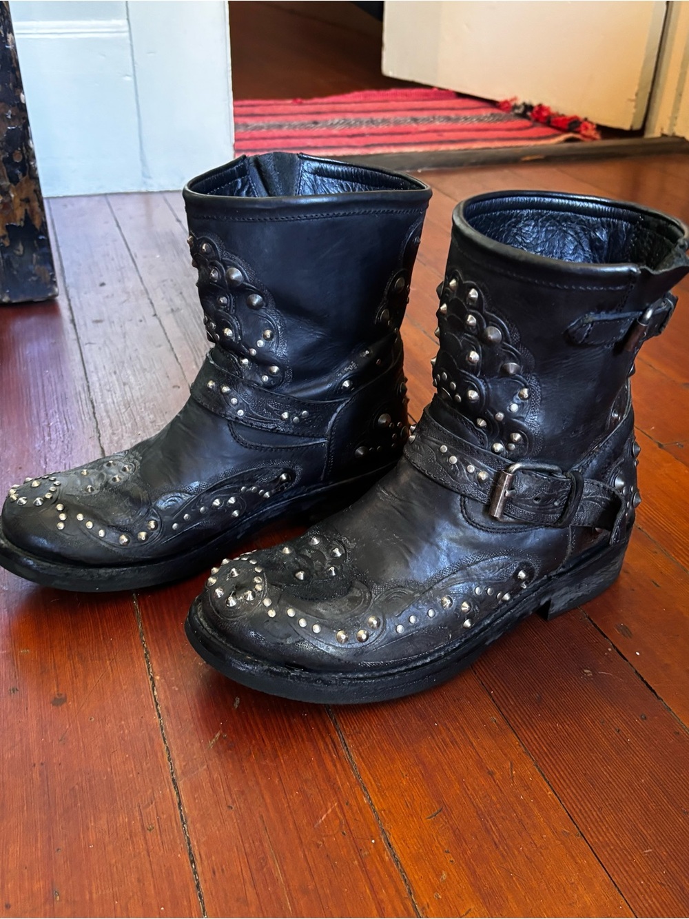 Ash Black Studded Moto Combat Boots